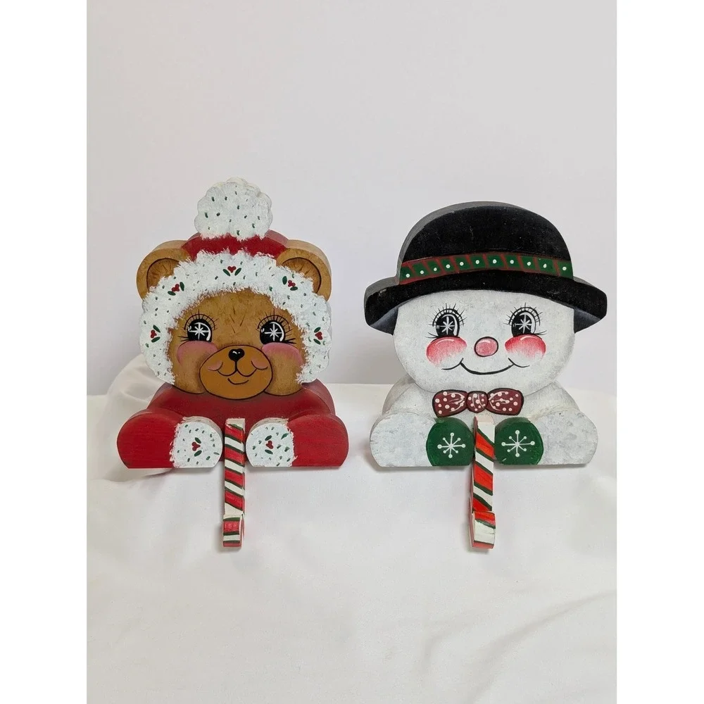 Vintage 2pc Hand Painted Wood Christmas Stocking Hangers Bear Snowman